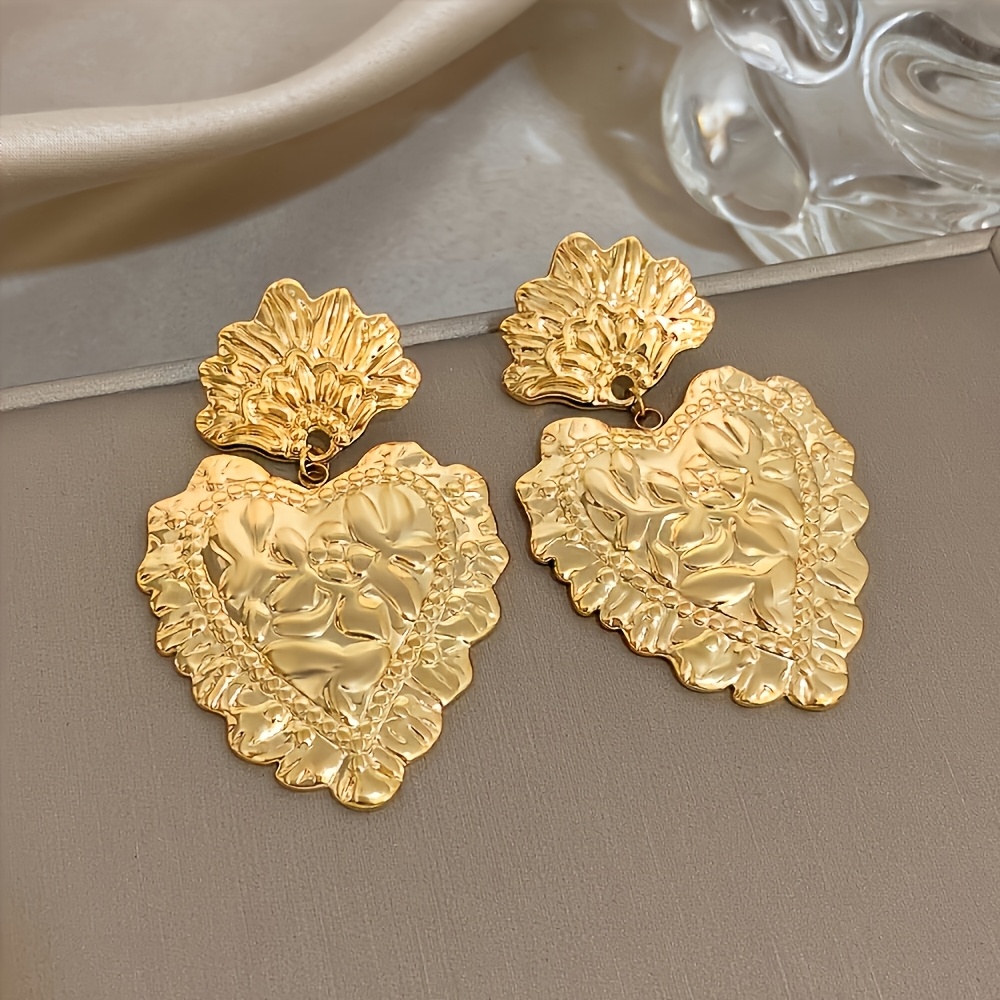 TEMU 2pcs Set Exquisite Stereoscopic Relief Heart Pendant Earring Women Romantic Metal Texture 304 Stainless Steel Drop Earrings Valentine's