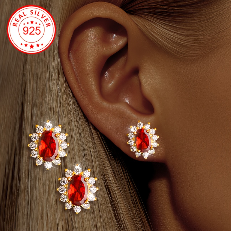 

1 Pair Vintage Elegant 925 Sterling Silver Stud Earrings, Red Synthetic Cubic Zirconia With Setting, Hypoallergenic Fashion Jewelry For Women, Perfect Gift For Wedding, Banquet, Halloween - 1.7g