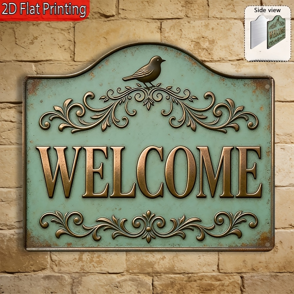 TEMU Plaque métallique plate 2D 1 pièce, panneau de vintage avec oiseau, décoration durable et résistante à la décoloration, style rétro vieilli