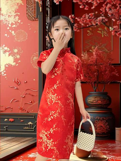 Girls Traditional Chinese Qipao Costume – Short Sleeve Floral Cheongsam Dress – Mulan Style (Red, Knee-Length)