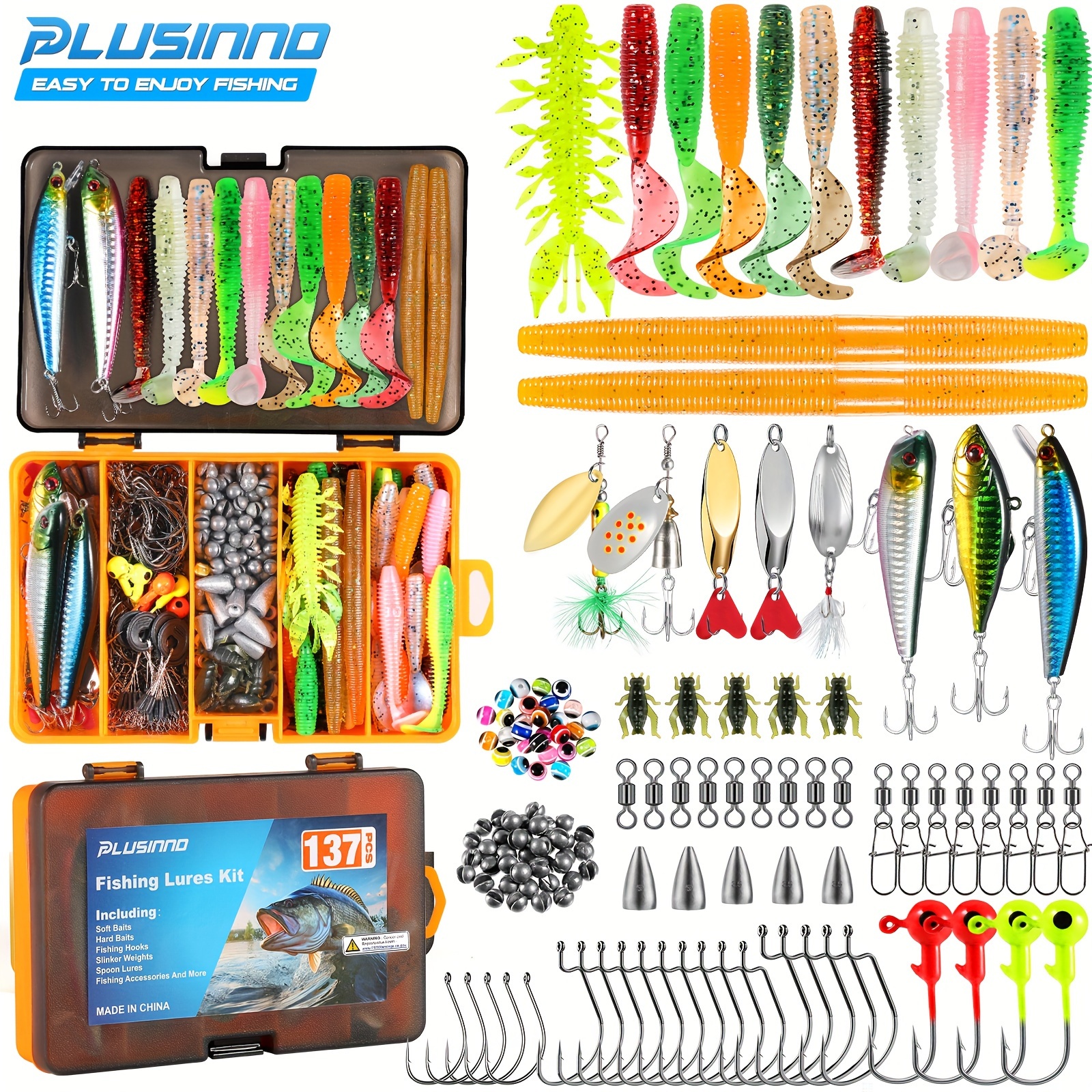 

Plusinno Fishing Lures, 137pcs Tackle Box With Tackle Included, Crankbaits, Spoon, Hooks, Weights & Other Accessories, Fishing Bait Lure Gear Kit Gift For Men Bass Freshwater