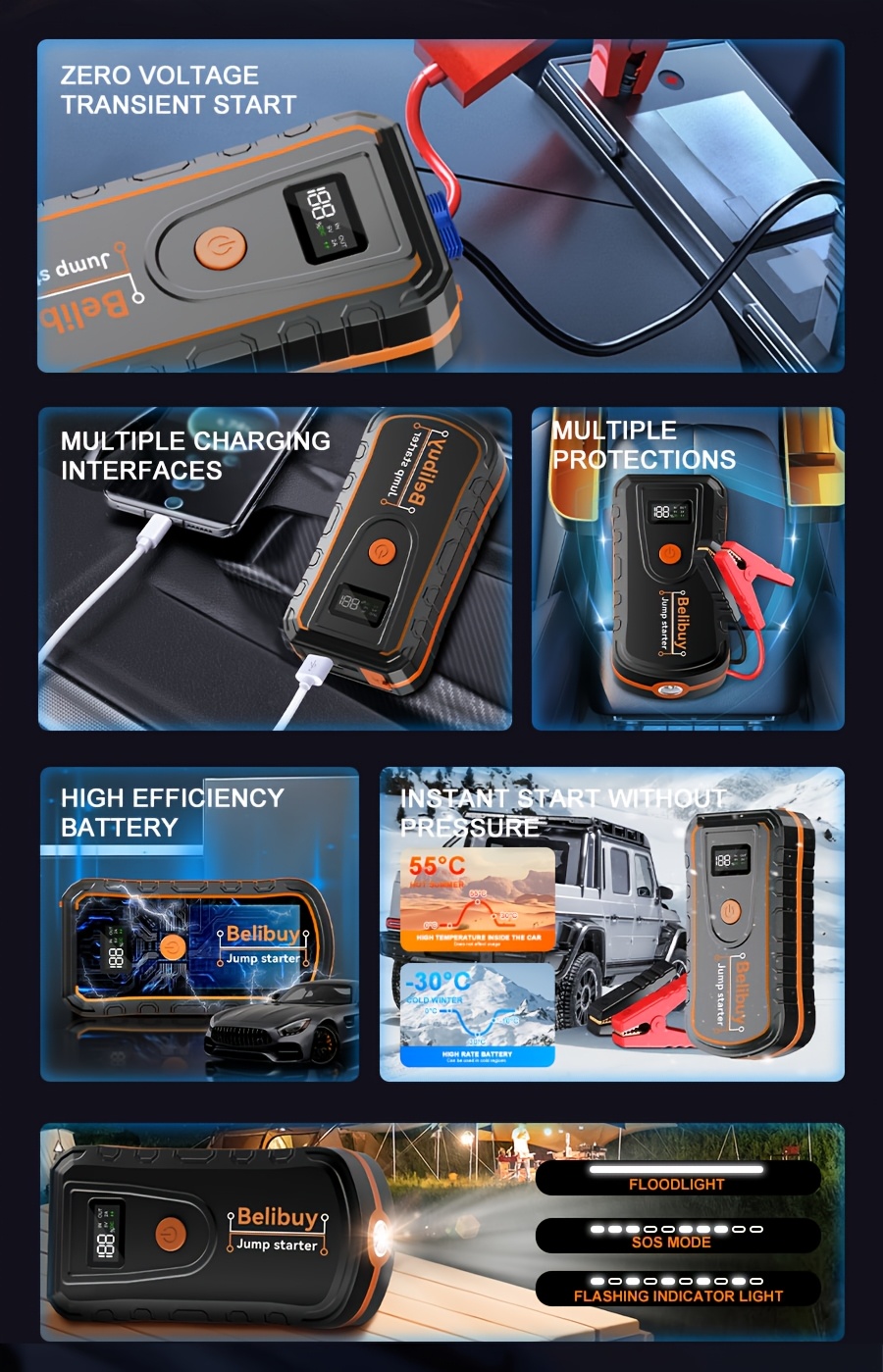 Démarreur d'urgence portable pour voiture - Chargement USB, batterie rechargeable | Conception en ABS noir, convient aux véhicules tout-terrain et aux aventures en plein air, alimentation de secours | Dispositif d'urgence compact | Structure robuste | Affichage numérique, charge rapide