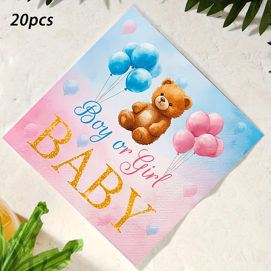 Image of Gender Reveal Party Napkins | 20pcs Balloon Bear Paper Towels | Gender Reveal Decorations Disposable Napkins Baby Shower Supplies For Halloween、christmas