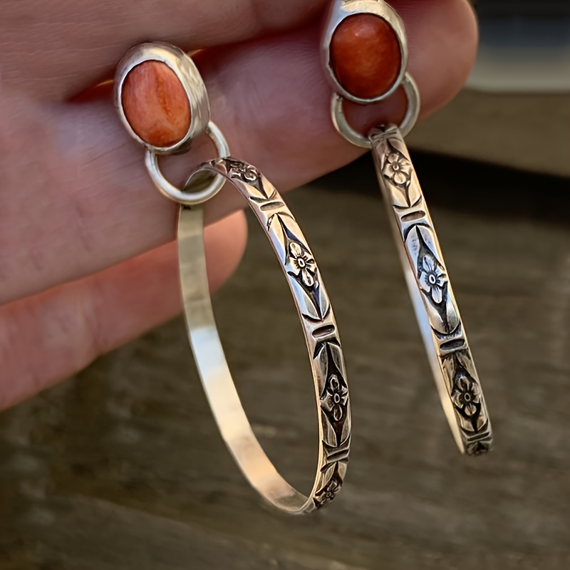 Image of Vintage Metal Stone Earrings Bohemian Jewelry Silvery Color Hollow Round Drop Earring For Women