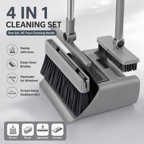 broom and dustpan set 4 in1 broom floor brush and dustpan thickened sweeping broom scrub brush and dustpan with long handle non stick hair floor cleaning tool for home dorm cleaning supplies household cleaning gadgets