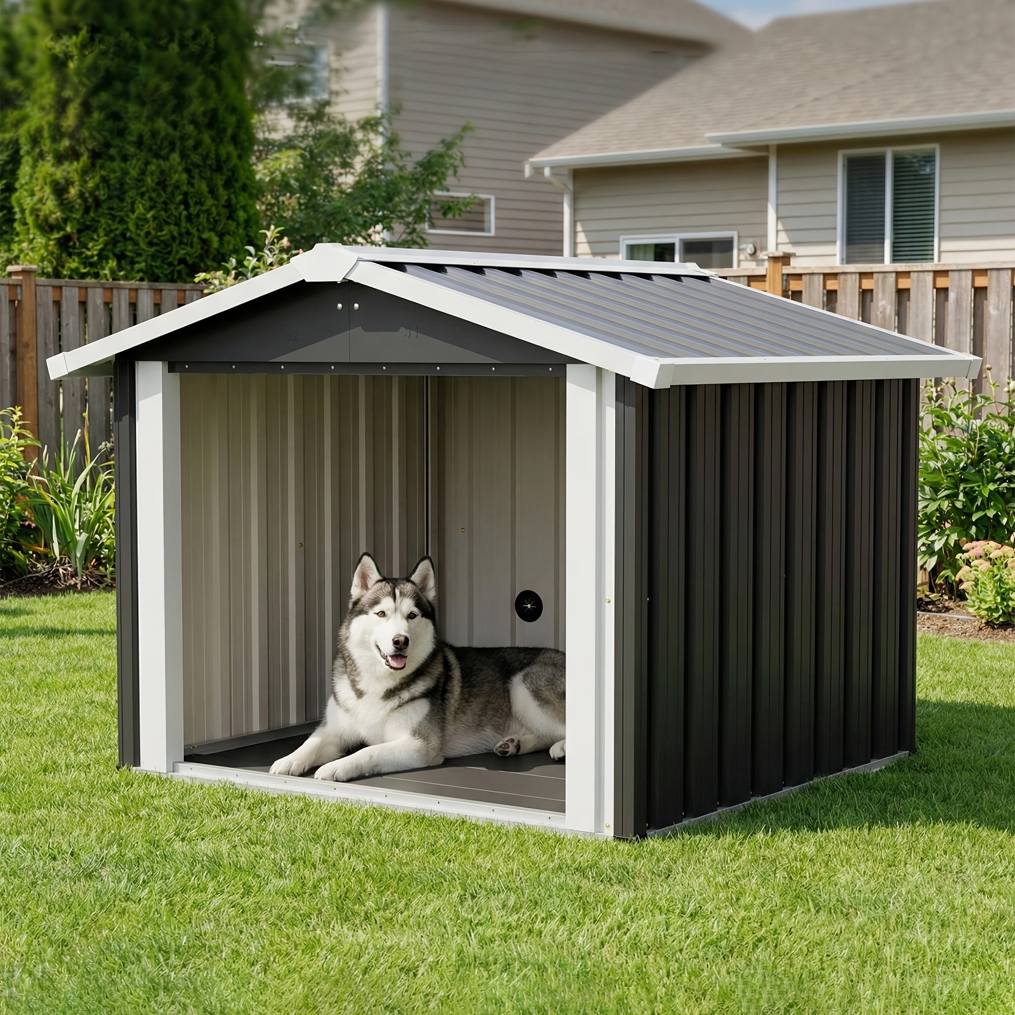 weather resistant outdoor shelter that serves as   a   house and a storage shed suitable for medium to large dogs featuring a pvc door and ventilation and can     pets like cats rabbits and chickens