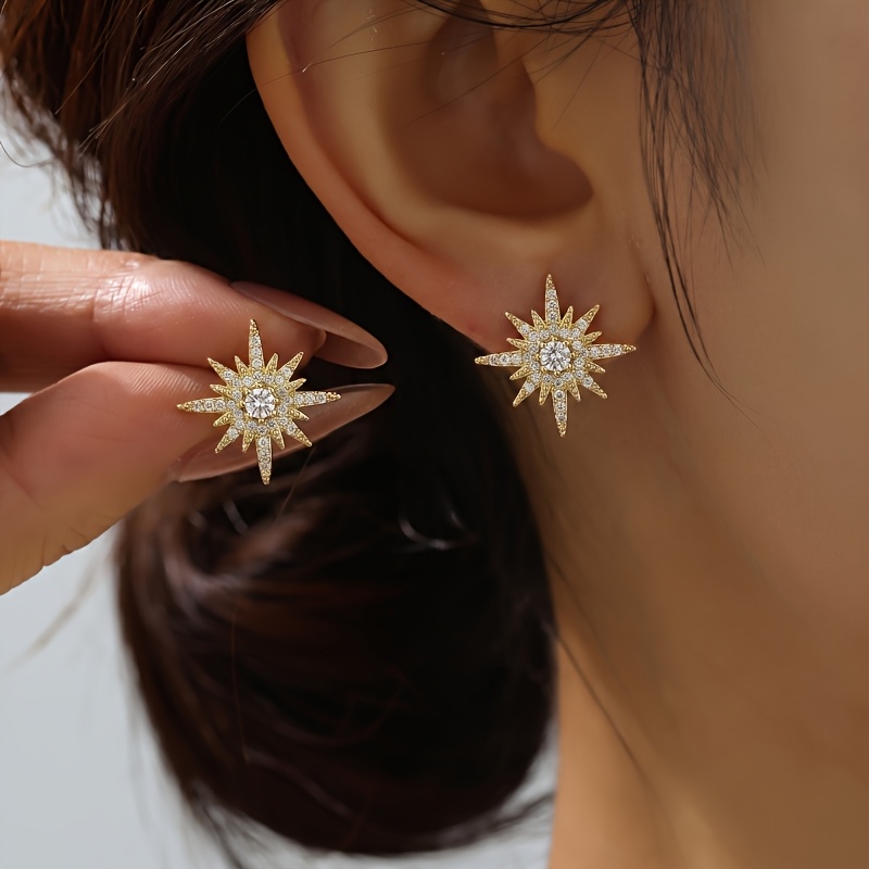 TEMU 1 Pair Of Elegant High-quality Sparkling Starburst Stud Earrings, Light Luxury High-end Feel With Synthetic Cubic Synthetic Zirconia, Niche And