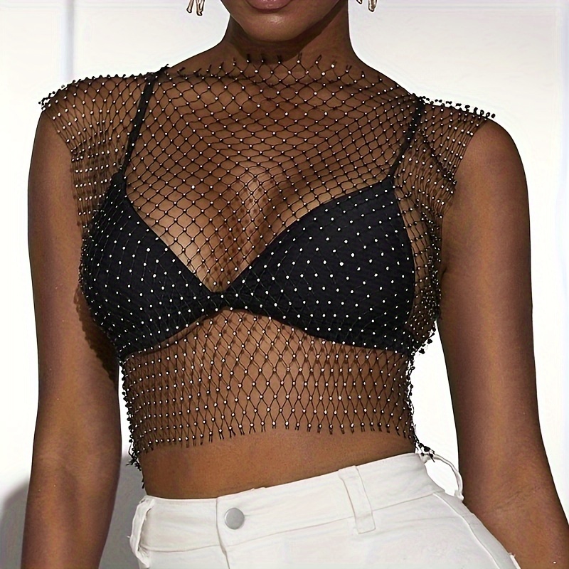 Hollow Out Bling Bling Mesh Crop Top Bra Chain Women Lingerie Harness  Summer Beach Party Clothings Decor