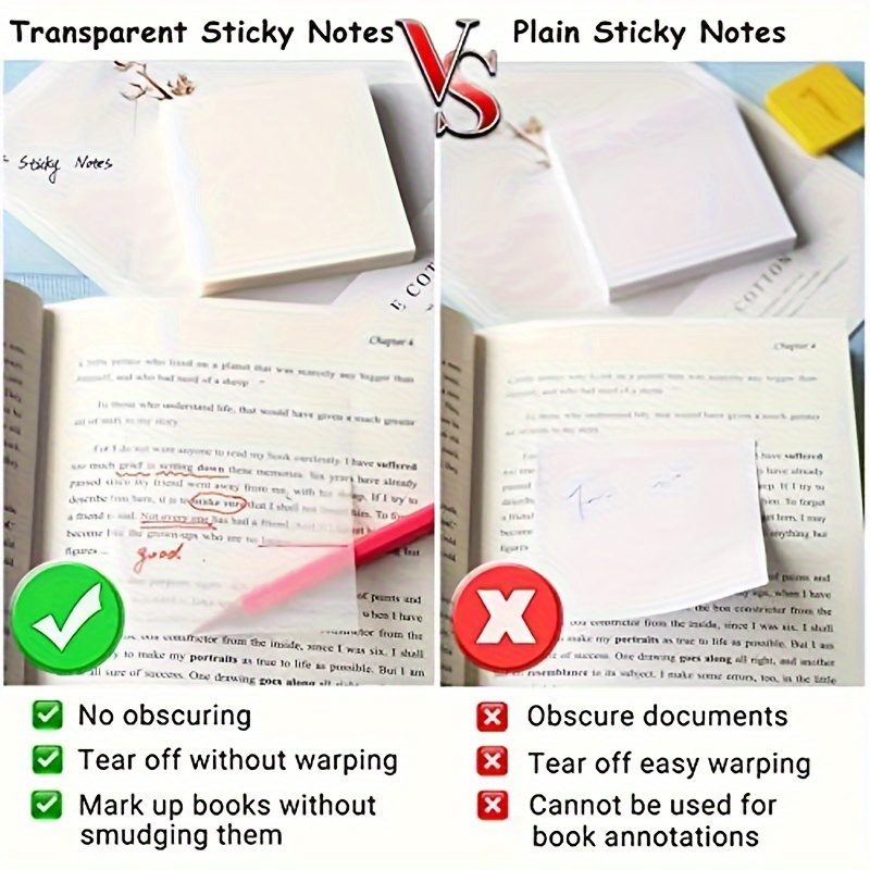 2 Packs 100 Sheets Transparent Waterproof Sticky Notes, 7.59x7.59cm Square Self-Adhesive Notebook for Diary & Book Annotation, Ideal for School & Office Organization