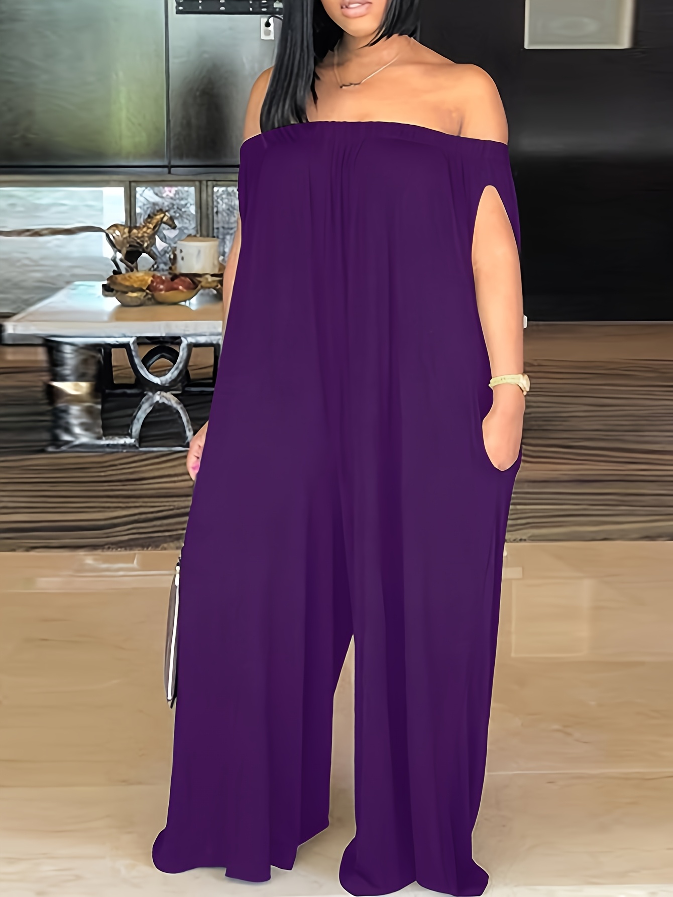 Plus Size, Plus Size Strapless Off-Shoulder Jumpsuit African-Inspired  Loose Fit Long Dress with Pockets, Wide-Leg -Length Bodice (No Belt) fo