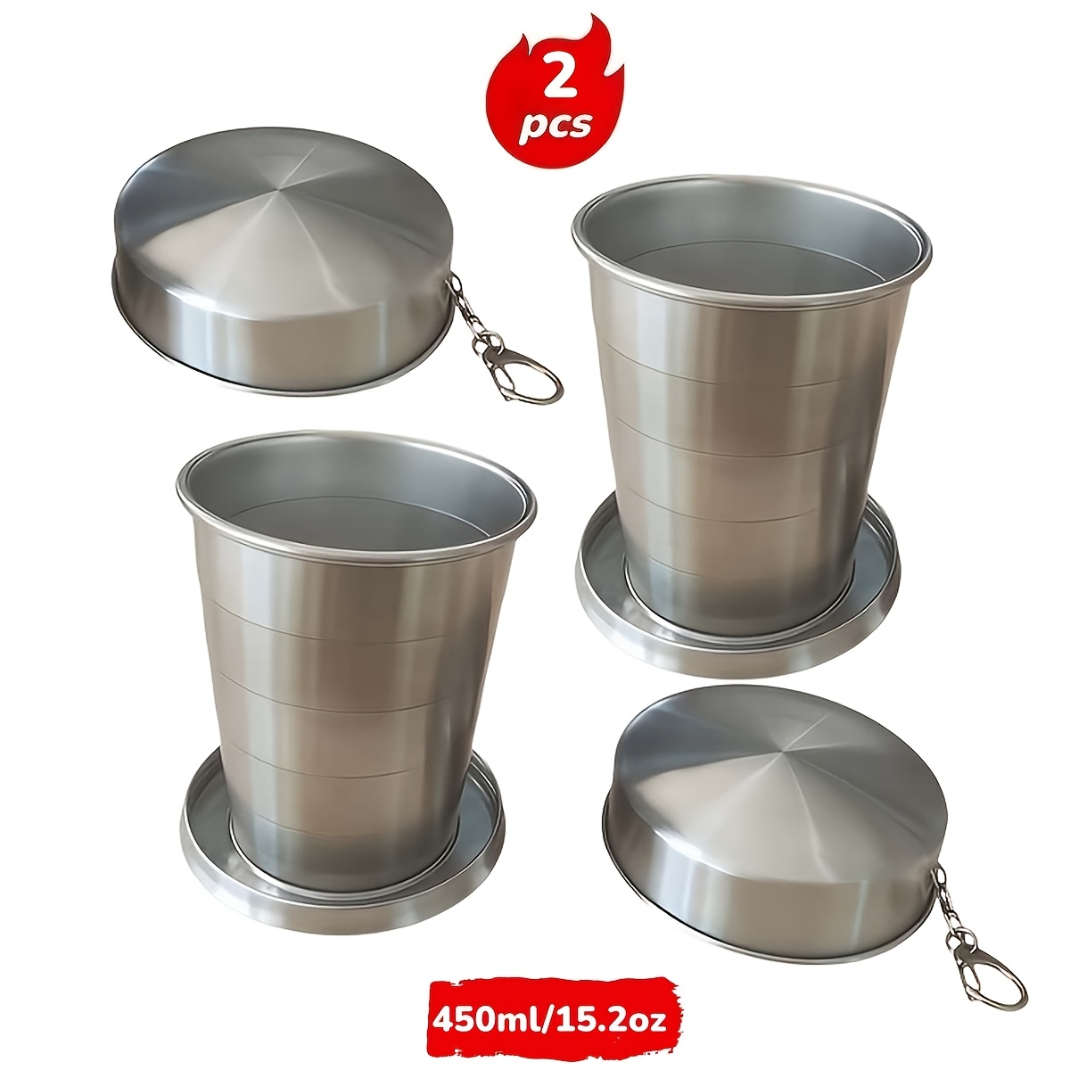 TEMU 2 pezzi di tazze pieghevoli in acciaio inossidabile, 450 ml/15 oz, da viaggio pieghevole con e portachiavi, da t癡/bottiglia estensibile, adatta