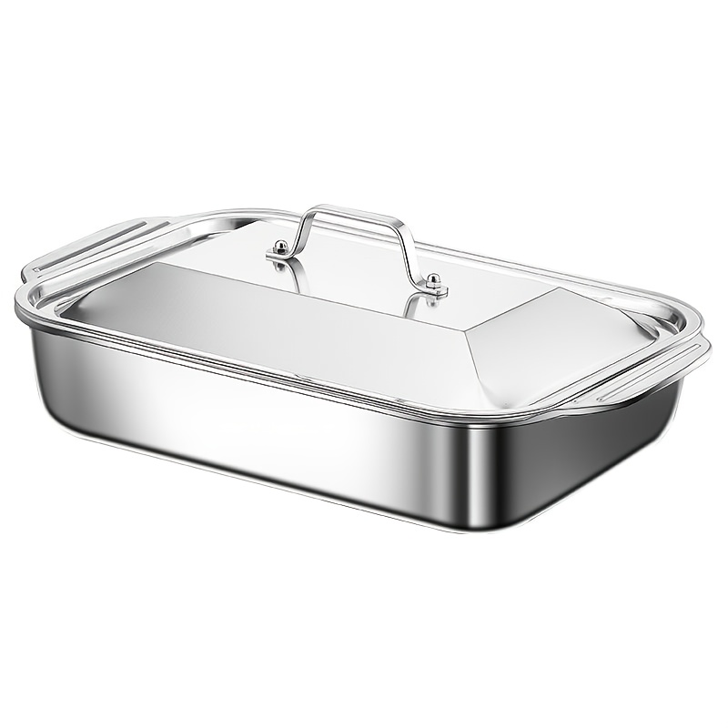 TEMU Extra-large Heavy-duty Stainless Steel Baking Pan With Lid - , Thickened Rectangular Oven Tray For Desserts, Bread & Seafood - Ideal For Bbqs,