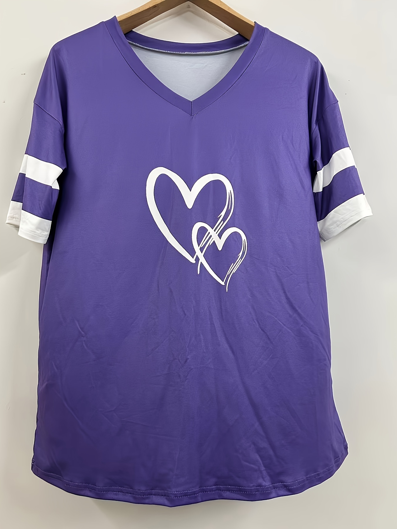 Women's Casual V-Neck Short Sleeve T-Shirt - Royal Blue with White Heart Print, Breathable Fabric, Machine Washable for Spring Summer Fall, Seasonal Fashion, Striped Detailing, Relaxed Fit Shirt