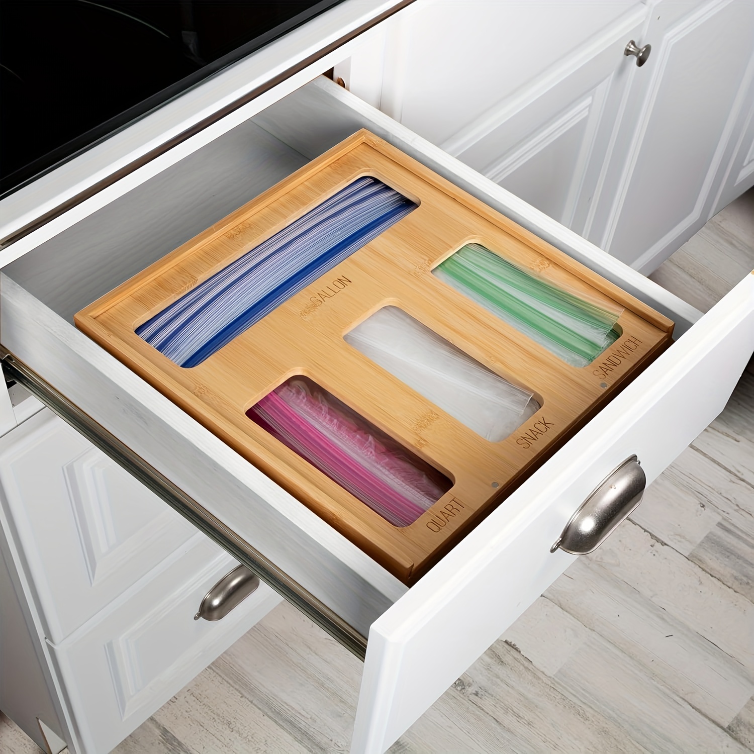TEMU High-quality Bamboo Kitchen Drawer Organizer With 4 Slots - Ideal For Gallon, Quart, Sandwich, And Snack Bag Storage - , Space-saving Design For Easy To Your