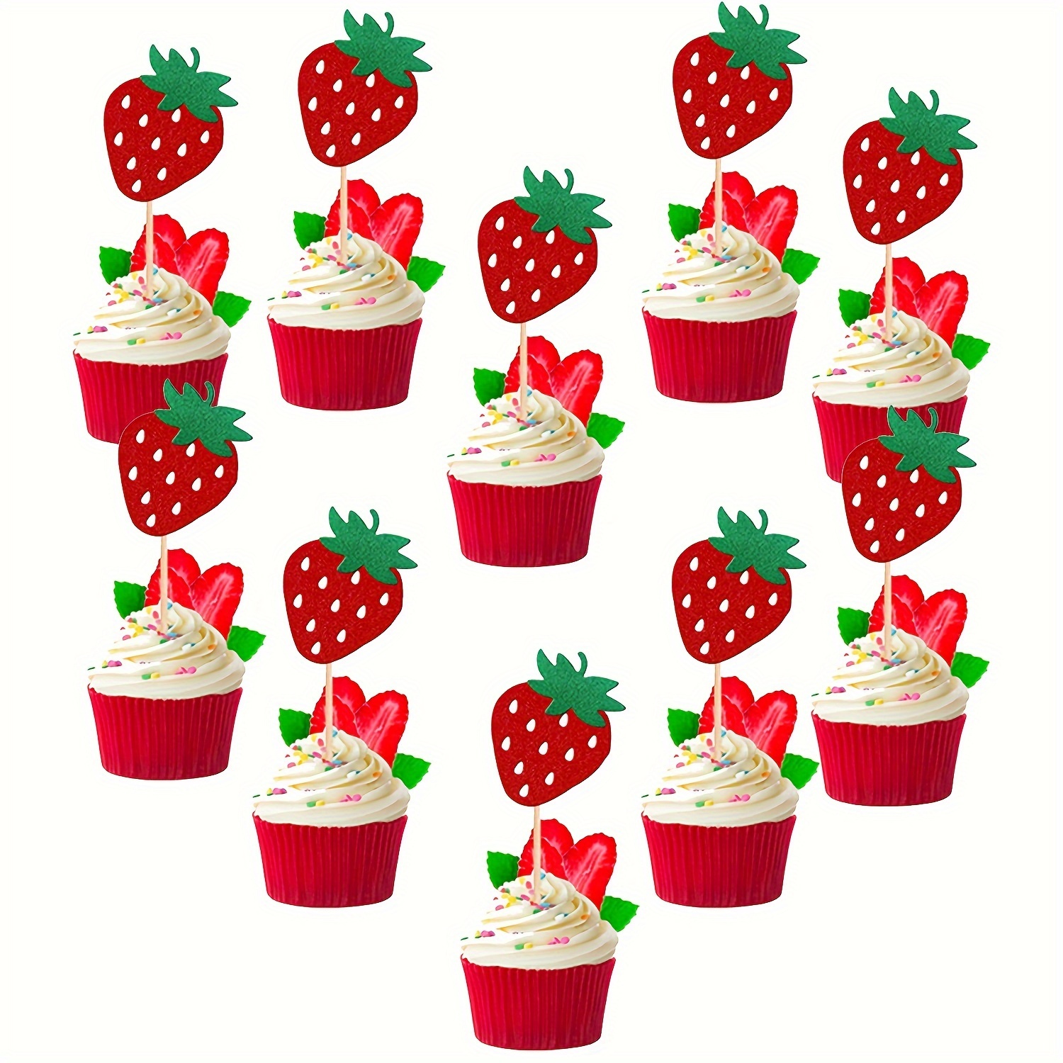 E-shop 12 Stück Erdbeer Cupcake Toppers Rot Glitzer Obst Thema Beere Erdbeere Cupcake Picks für Sommer Süße Frucht Baby Shower Geburtstagsparty Kuchen