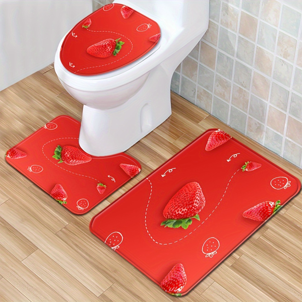 

1/3pcs Red Strawberry Floor Mat Set Toilet Cover Toilet Carpet Toilet Absorbent Door Mat Bathroom Three-piece Set Anti-slip Mat Decoration