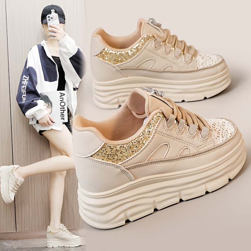 Deportivas Plataforma Sneakers Beige Mujer Zapatillas Deportivas