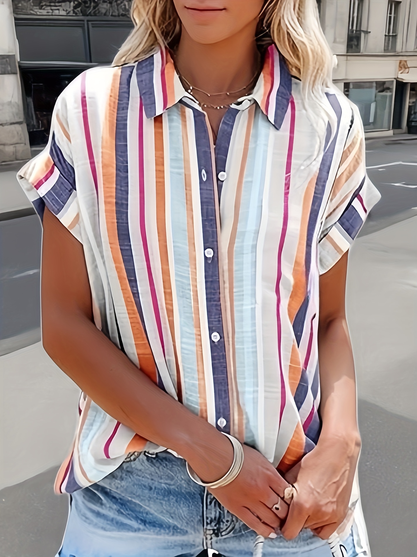 3023 damski elegancka koszula z krótkim rękawem luźna guzik z klasycznym pomarańczowym białym beżowym paskami pralki maszynowej wiosną letnie letnie szczegóły 1