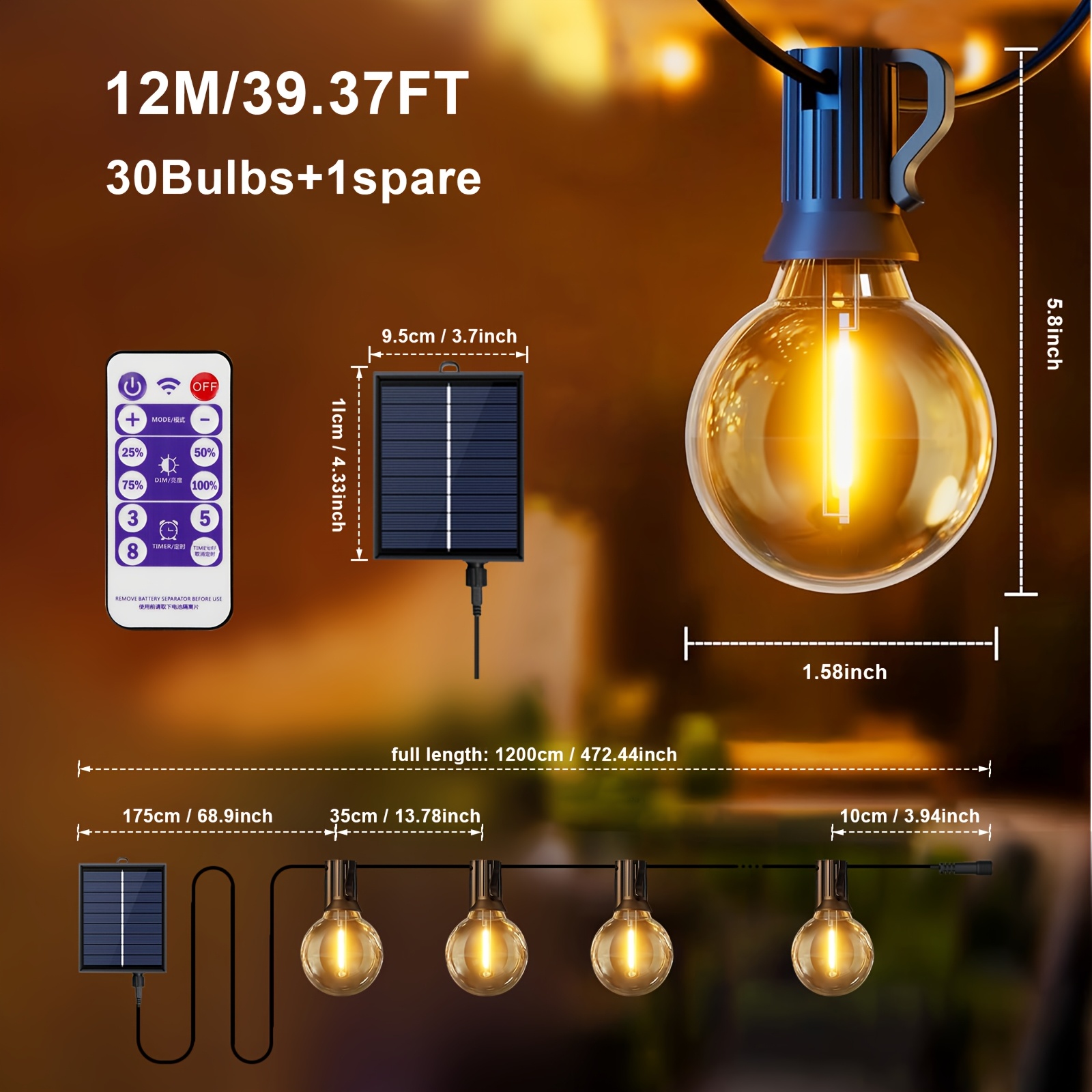 Solar Powered G40 Led Patio Lights String Ip65, Dimmable Solar String Lights For Outside With Shatterproof Bulbs Hanging Lights For Yard Decor