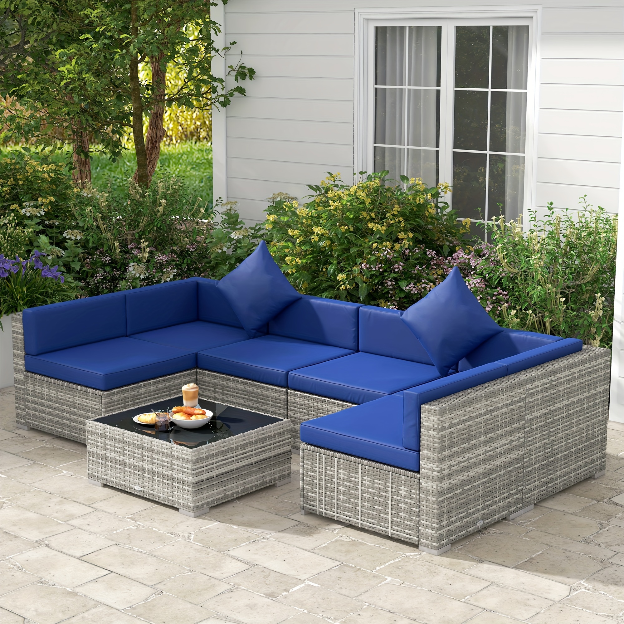 

Outsunny 7-piece Patio Furniture Set, Outdoor Wicker Conversation Set, All Weather Pe Rattan Sectional Sofa Set With Cushions And Tempered Glass Top Coffee Table, Pillows, Blue