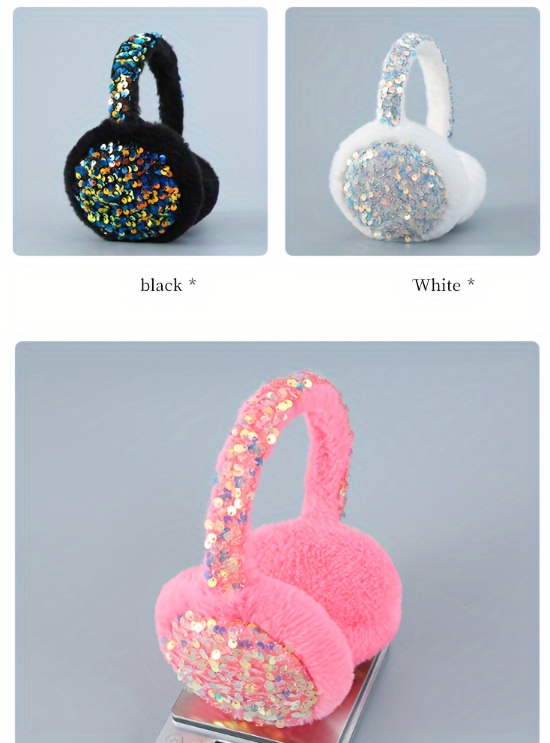 Sequin Decorated Warm Earmuffs, Cute Plush Cartoon Ear Covers For Winter, Plush Ear Cover details 4