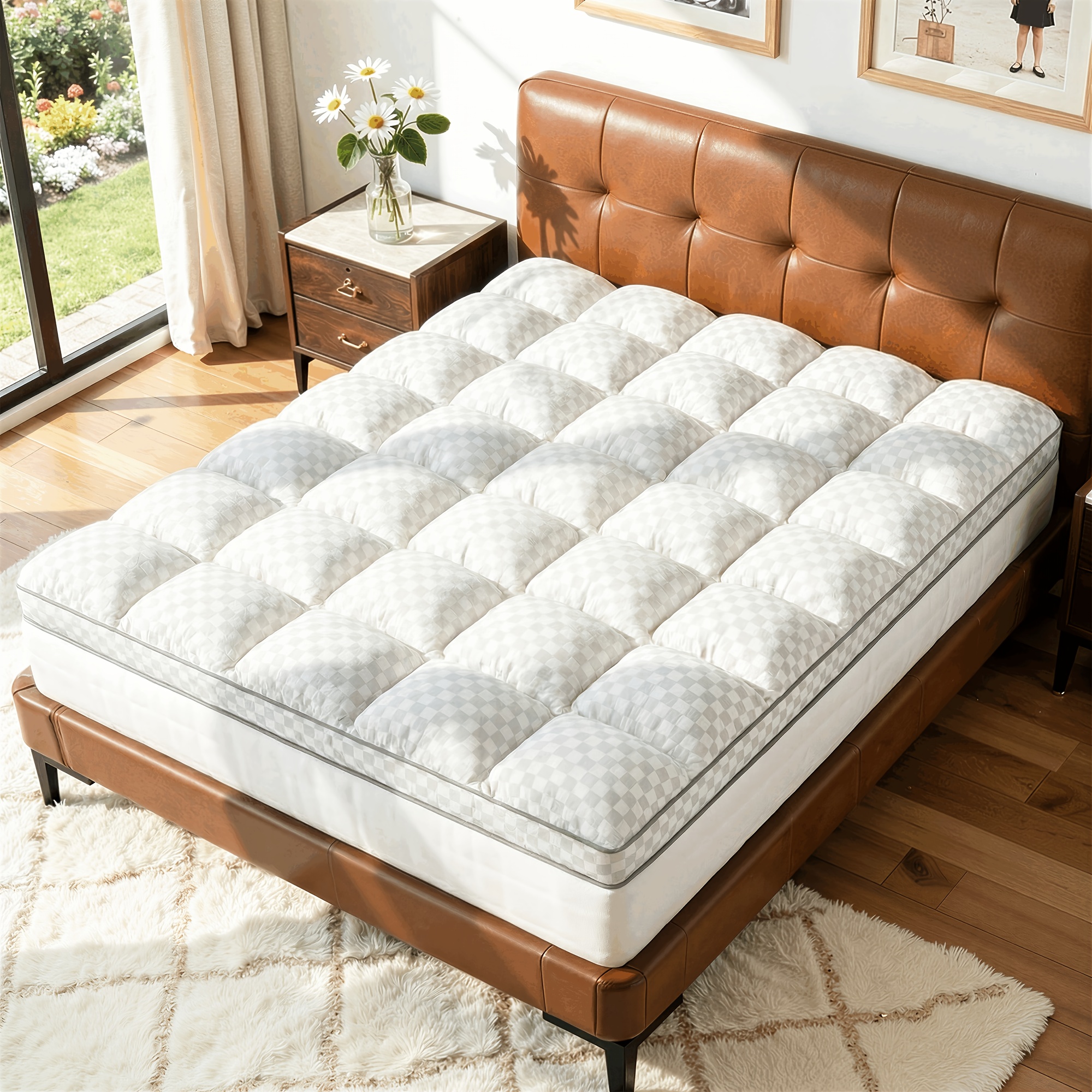 TEMU Upgraded Luxury Mattress Topper, Deep Pocket & Lace-up Style Quilted Mattress Cover, Machine Washable Bed, Soft Cooling Mattress Protector, Pet