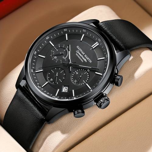 mens multifunctional six pin black pu leather watch watch arabic and bar scale calendar window fashion mens watch suitable for daily casual and business decoration holiday father boyfriend partner