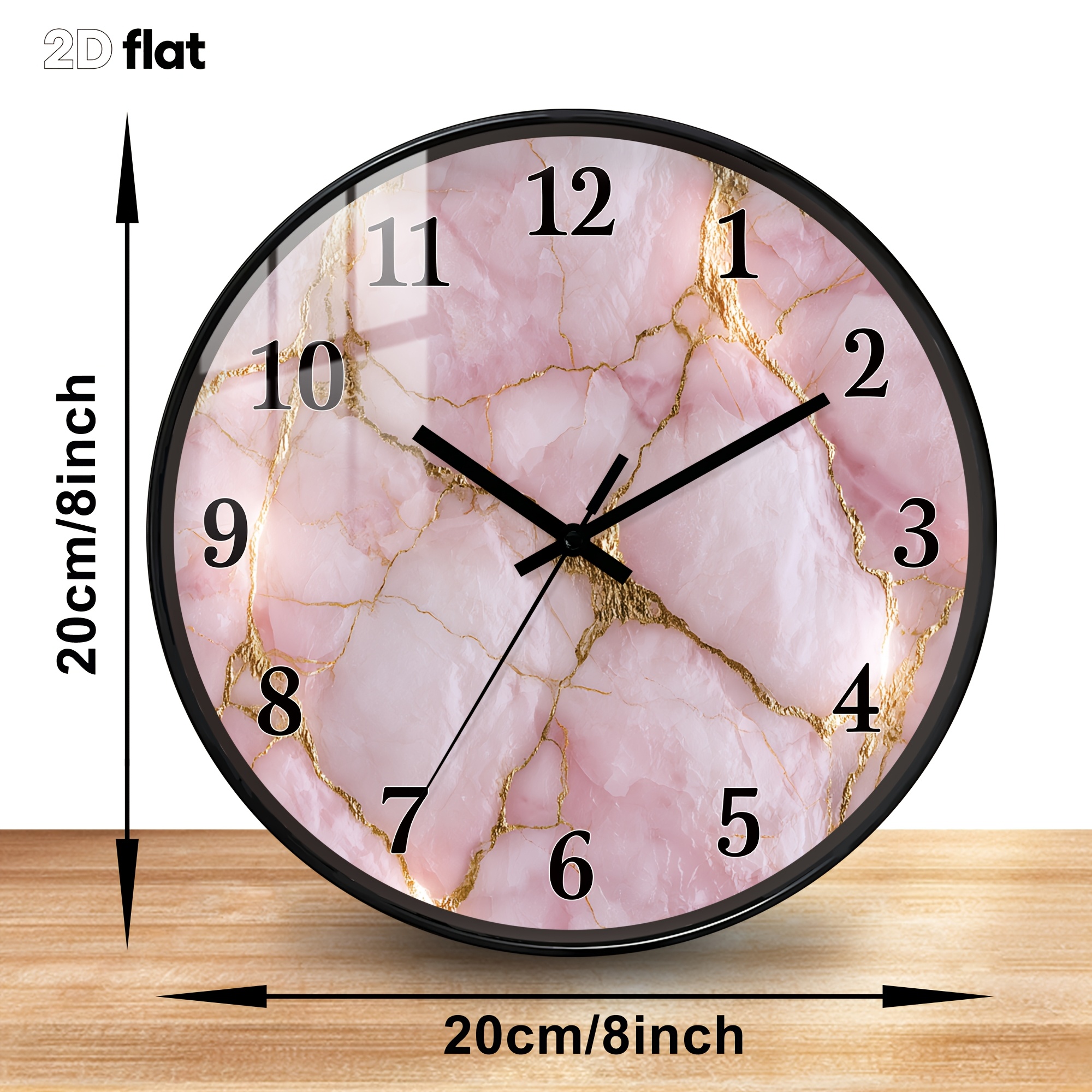 TEMU [Plat 2D] 1 pièce Horloge Murale Silencieuse en Plastique - Marbre Rose avec Veines Dorées, avec Chiffres Arabes Noirs, Convient pour Salons,