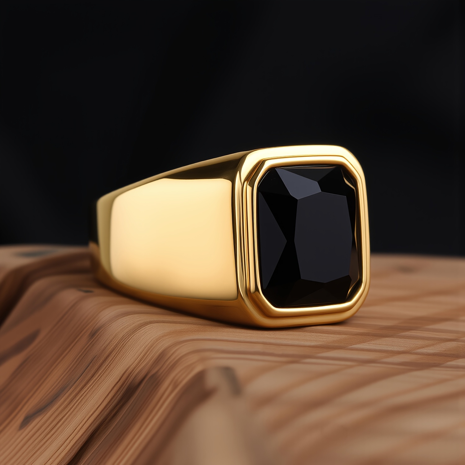 Black Stone Ring - Gold Band