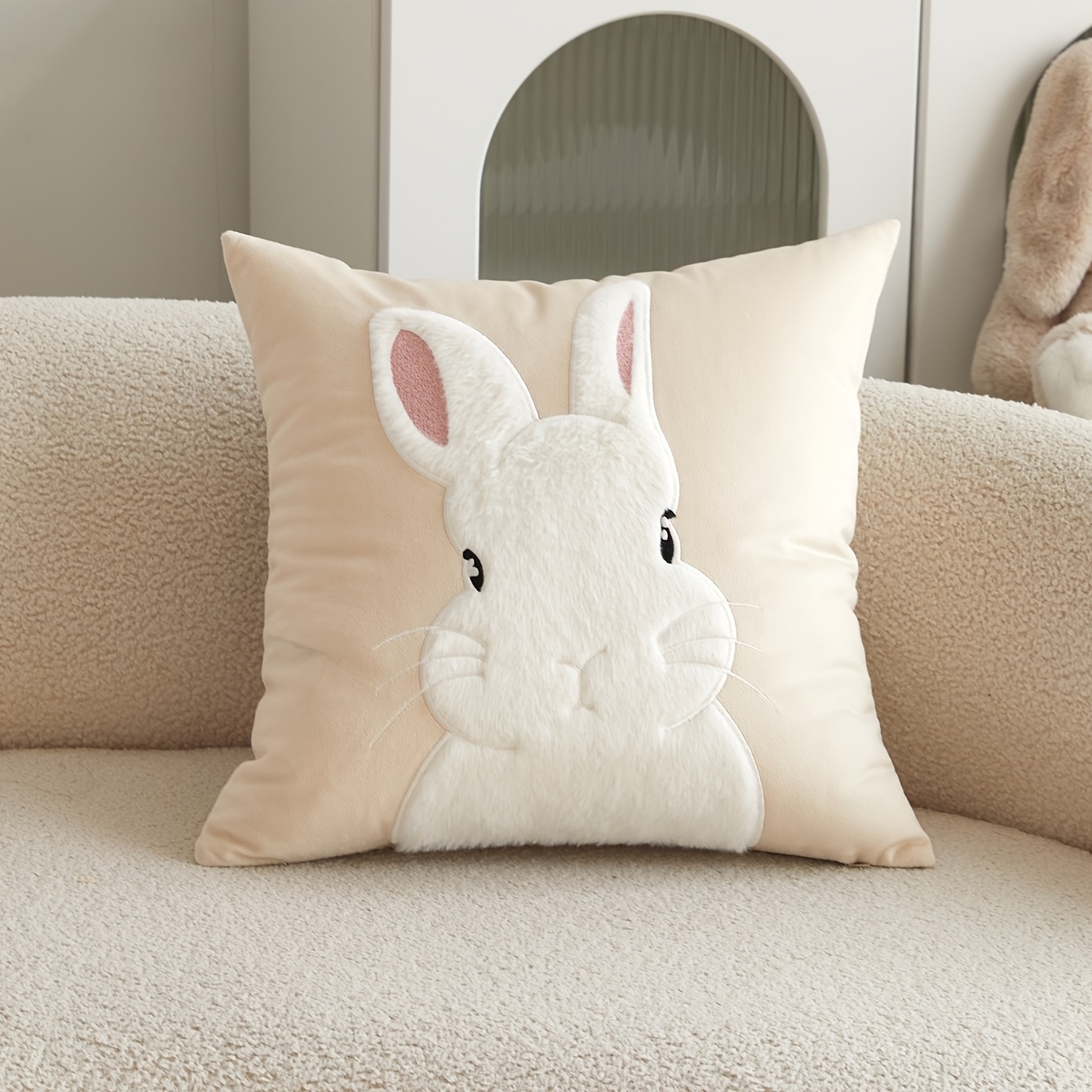 Image of Easter Cute Rabbit 3d Embroidered Plush Pillowcase, 1pc, Suitable For Settings Rooms, Bedrooms, Parties, And Cars