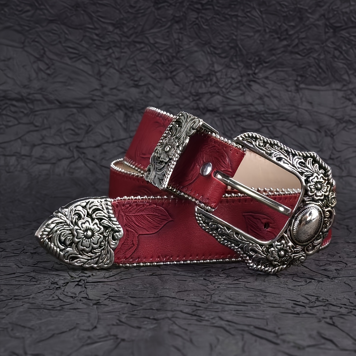 mens red vintage western belt vintage silvery sided - Temu  display picture 3