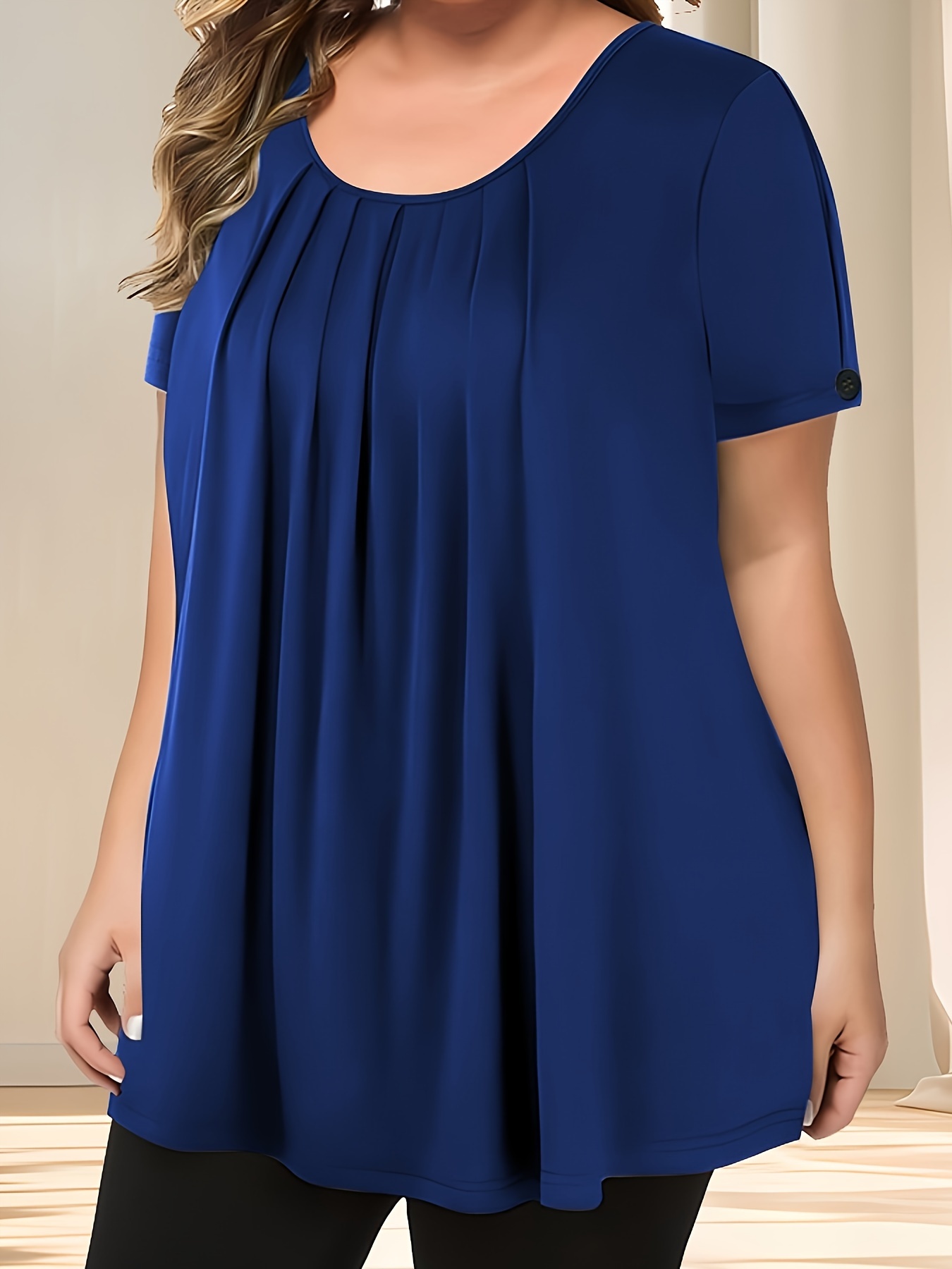 Women'S Casual Crew Neck Short Sleeve Blouse, Solid Color Plus Size, Lightweight Polyester with Subtle Stretch, Flared Hem, Spring/Summer Fashion Top, Casual Wear Blouse | Elegant Plus Size | Simple Eleganc