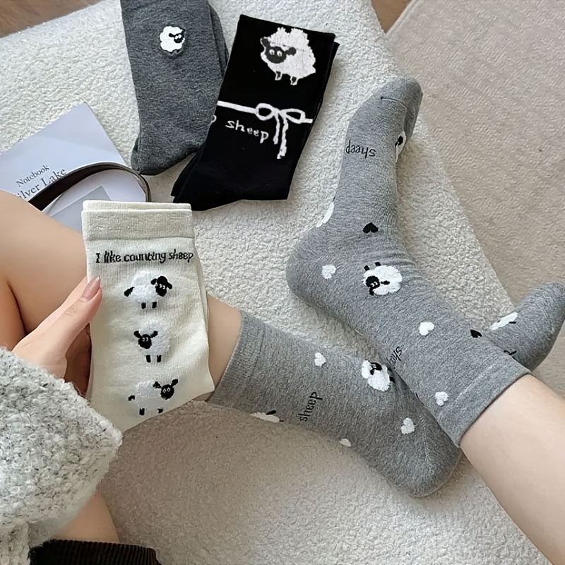 

Sheep Cartoon Pattern Socks, Casual Comfortable Breathable Mid-calf Socks, Women's Socks For All