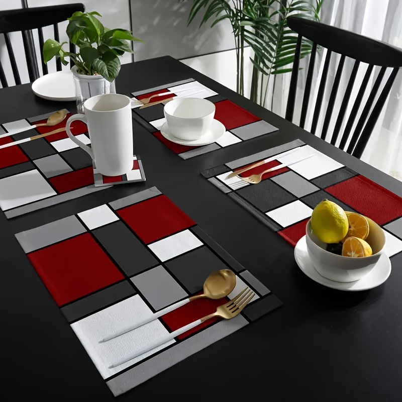 

4/6pcs, Linen Placemats, Black Red White Geometric Pattern, Insulated Kitchen Table Mats, Home Decor Dining Accessory, Ideal For Outdoor Family Picnic & Dining Party