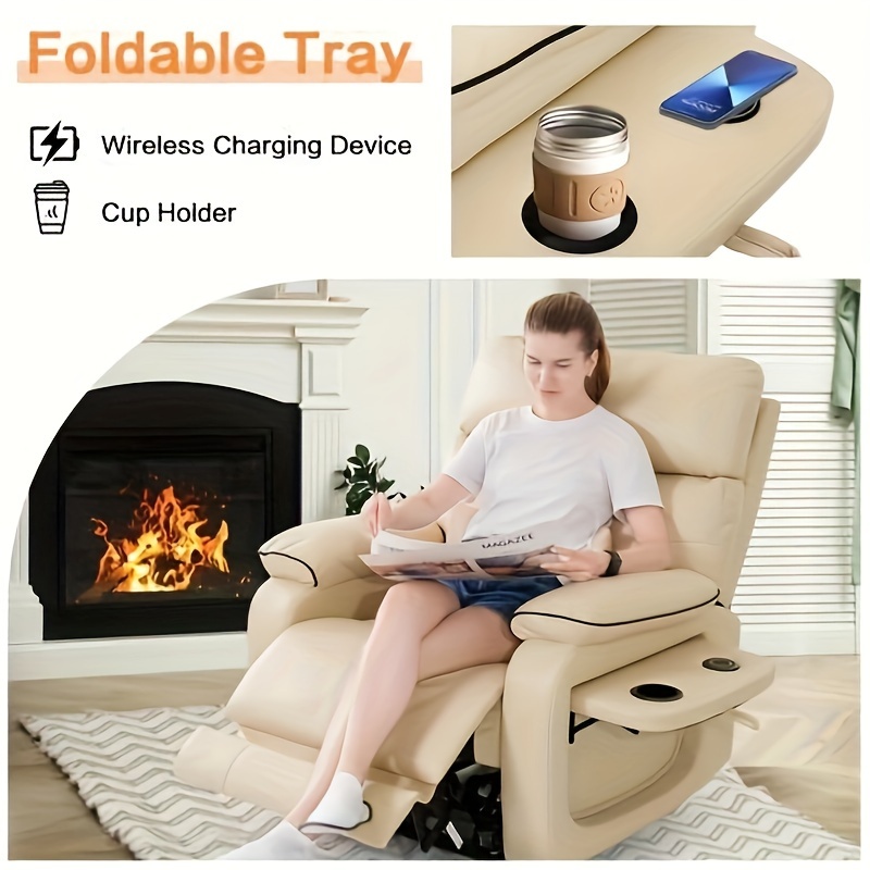 infinite position electric lift recliner with wireless charger and cup holder vibration massage and heating genuine faux leather beige brown silvery gray color   Product details 7