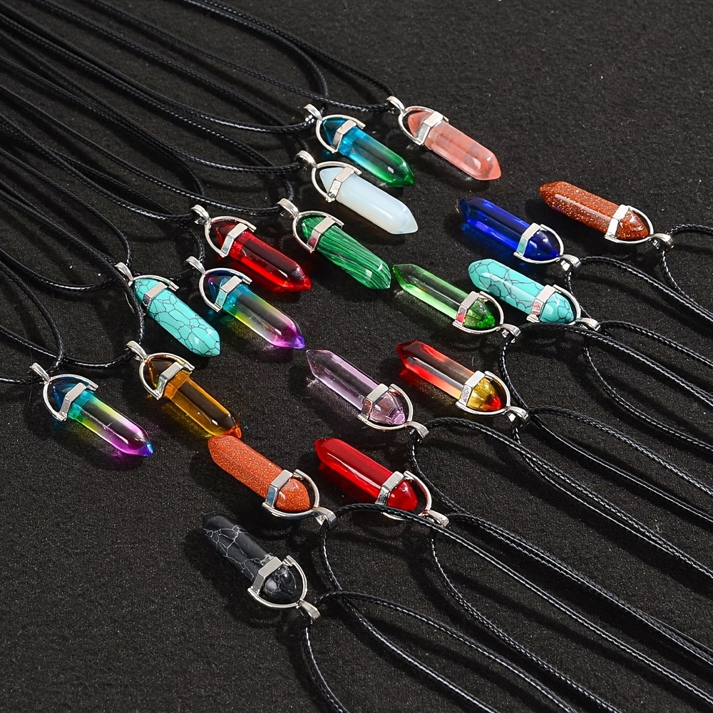 10pcs Multicolor Glass Hexagonal Column Pendant Necklace Set
