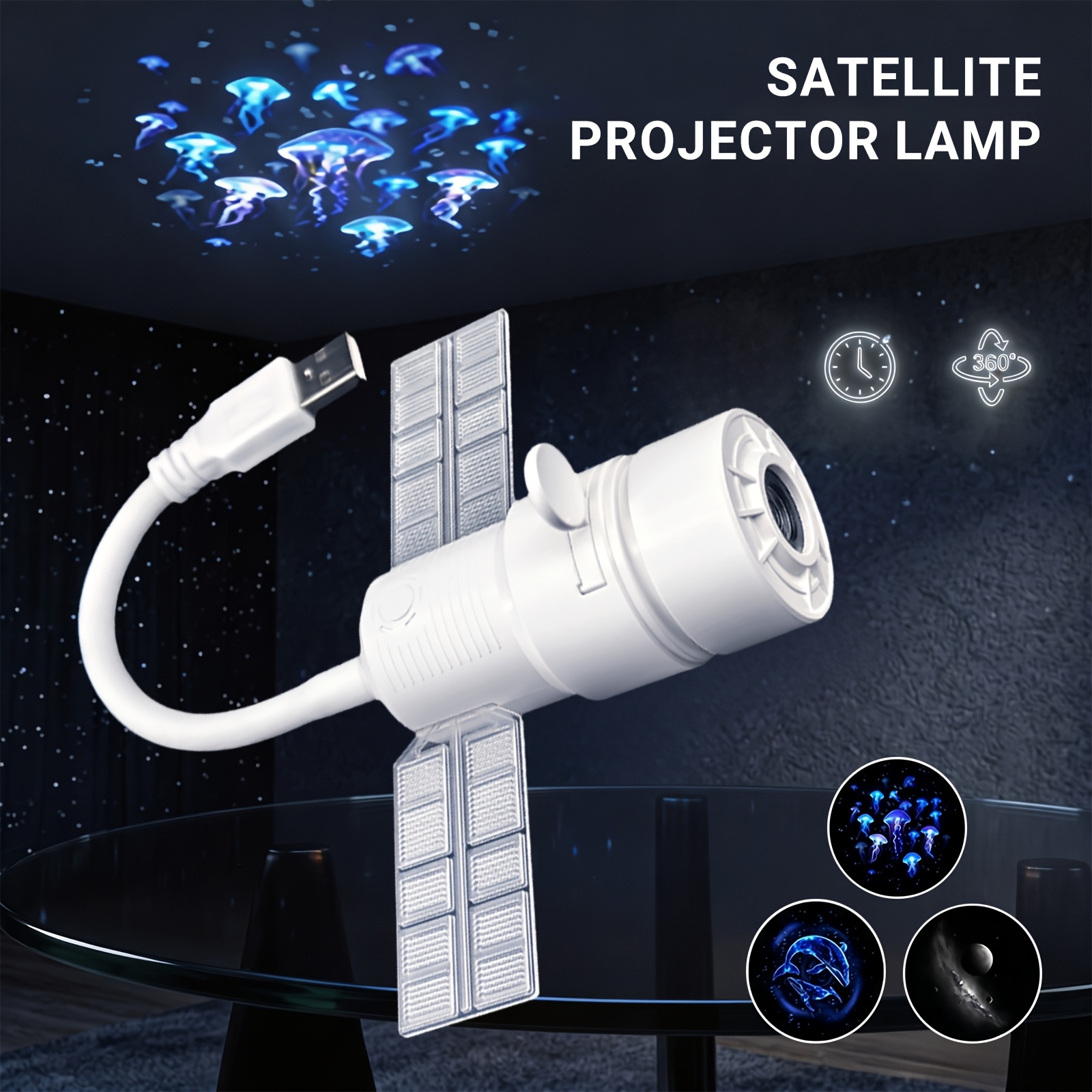 TEMU 2-in-1 & Starry Night Projector With Mini Led, Satellite-shaped, , Warm/white Light, Usb Powered, 360° Rotatable, Adjustable 45-min Auto-off