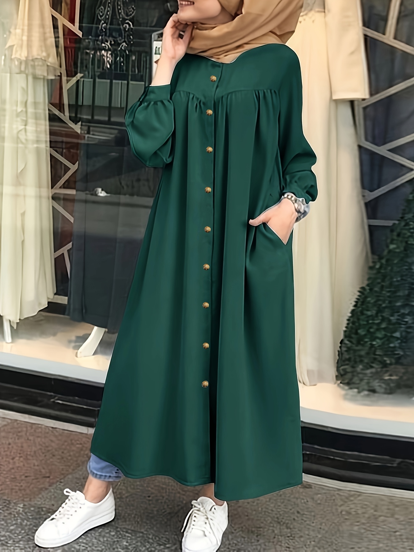 chinese dress ladies Brown Retro Zig Shirt Dress Buttoned Abaya