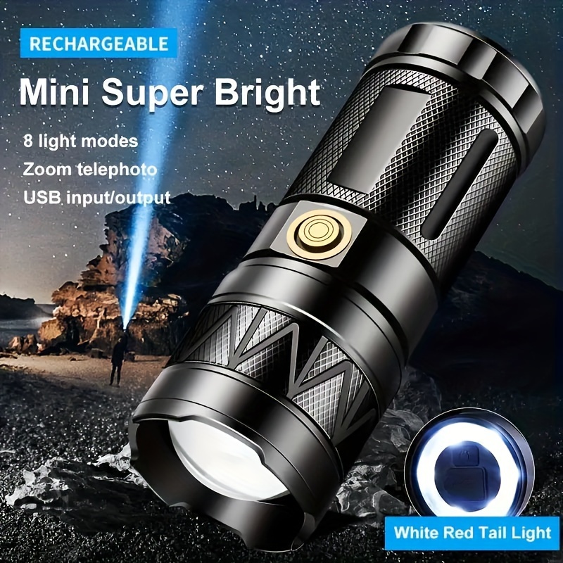 

1pc Long-range White Flashlight With Soft Tail Light - Type-c Rechargeable, Dual-beam Design, Outdoor And Emergency Use