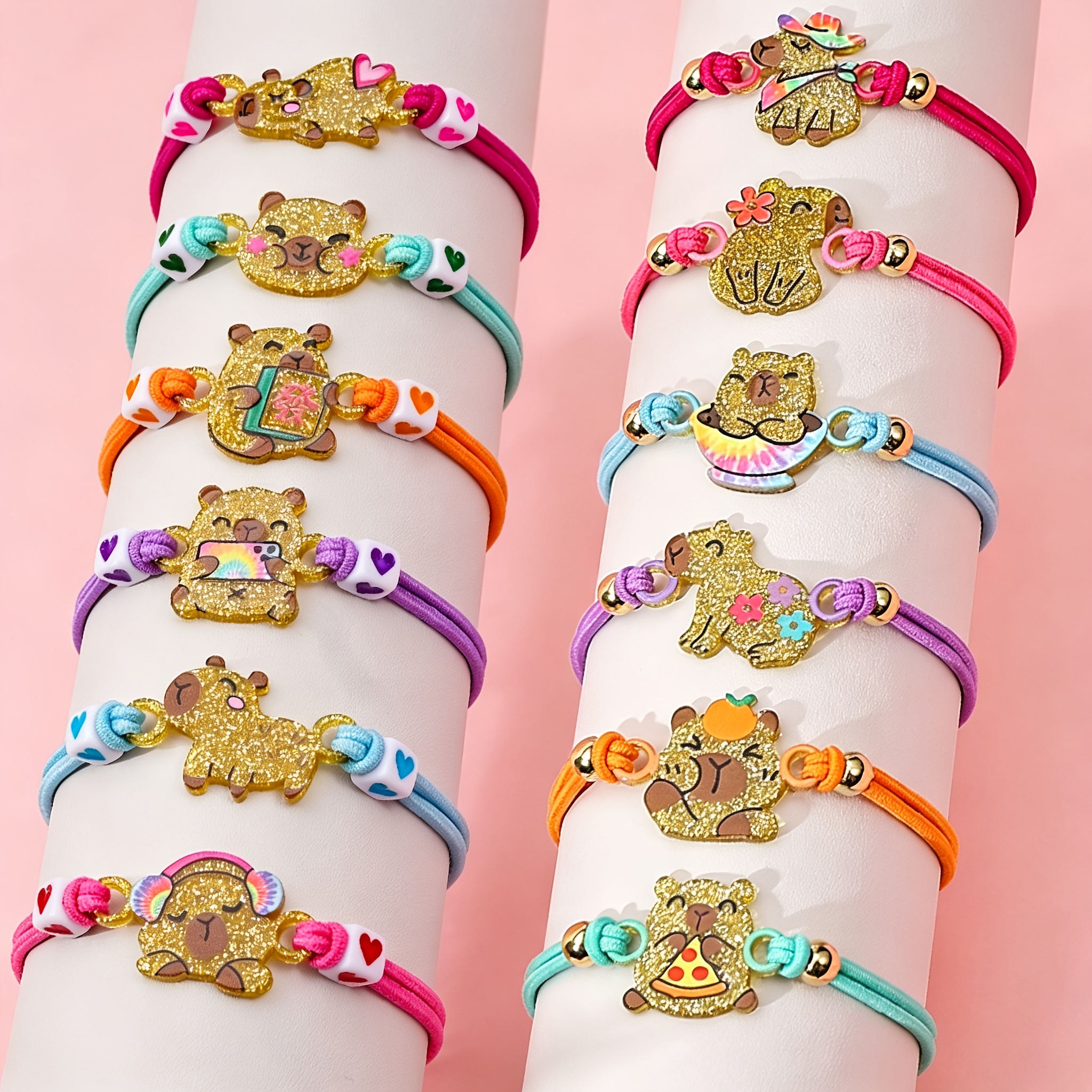 TEMU 12pcs Qpeach Capybara Bracelets For Girls - Stretch Braided Ccb Heart & Square Bead Wristbands, Multicolor Capybara-themed Friendship Jewelry