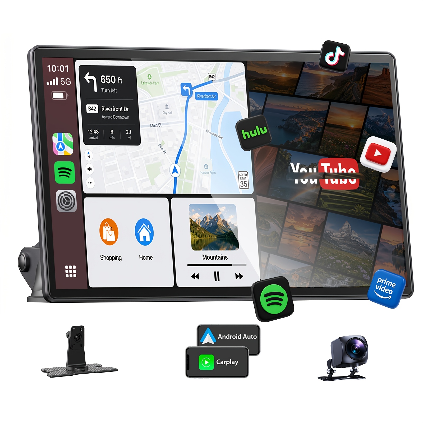 TEMU Lamtto 11" Portable Screen With Built-in Youtube, Netflix, Tiktok Car Video Wireless Carplay & Android Auto With , Ahd Rear Camera, Dual-band