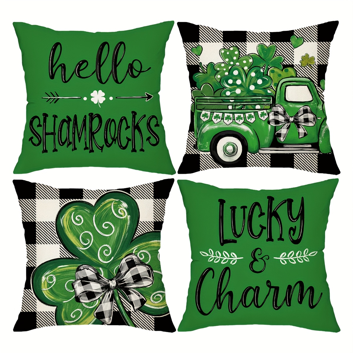 

4pcs 's Day Pillow Covers, Contemporary & Solid Polyester Cushion Cases, 18x18, Buffalo Check & Shamrock Patterns, With Zipper, Hand Wash Only, For Sofa, Couch, Bed, Farmhouse Decor