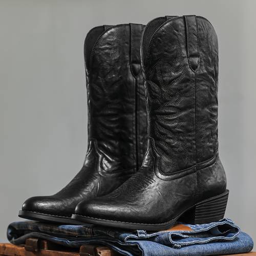 cowboy boots for men western boots mens round toe calf boots classic embroidered pull on boots
