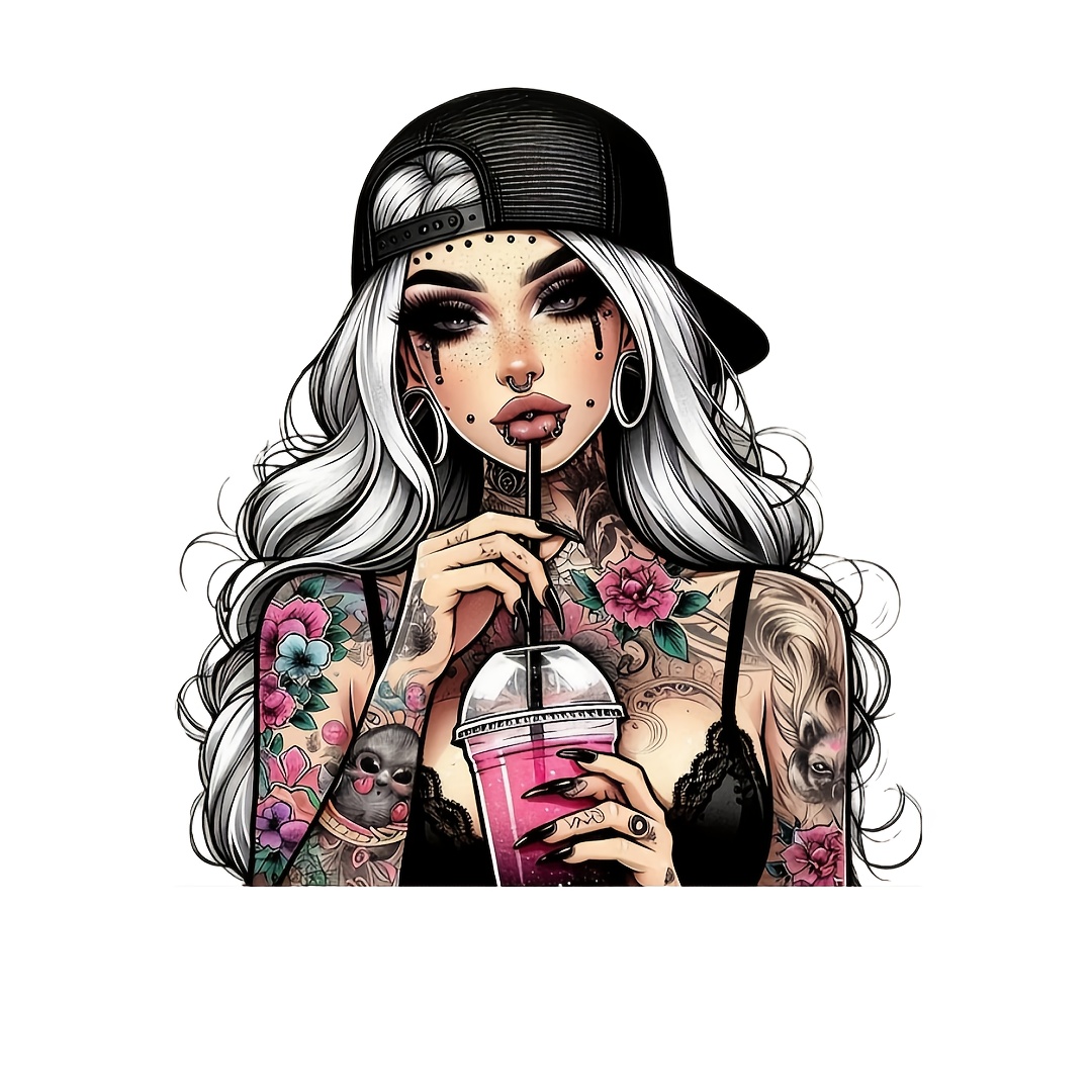 TEMU 1pc Edgy Goth Girl Graphic Heat Transfer Sticker - Durable, Washable Pvc Design With Long, White Hair, Black Hat, Tattoos, And Piercings - Ideal