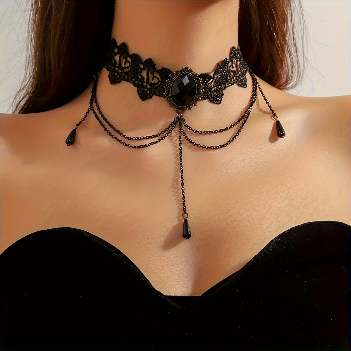 Image of A Multi-layered Hollow Black Lace Chain Tassel Pendant Collarbone Necklace, Perfect For Women' Wear, Vacations, Parties, And Halloween Outfits