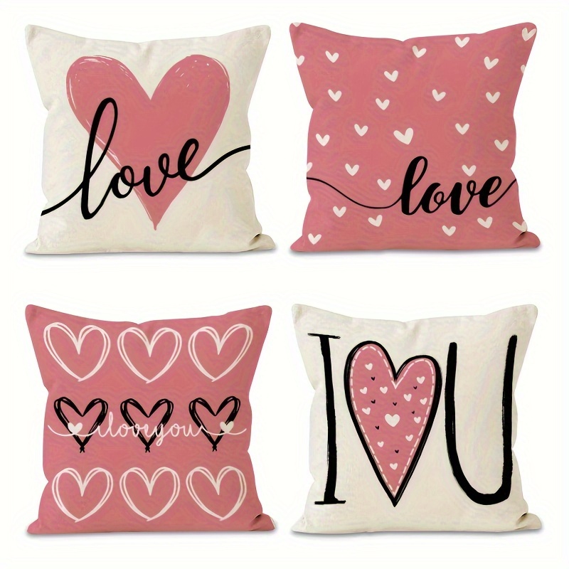 TEMU 4pcs Valentine's Day Throw Pillow Covers - French, Linen, Zippered, Machine Washable, Woven Floral And Heart Pattern, Decorative Cushion Covers For Any Room, 18x18 Inches - No Insert