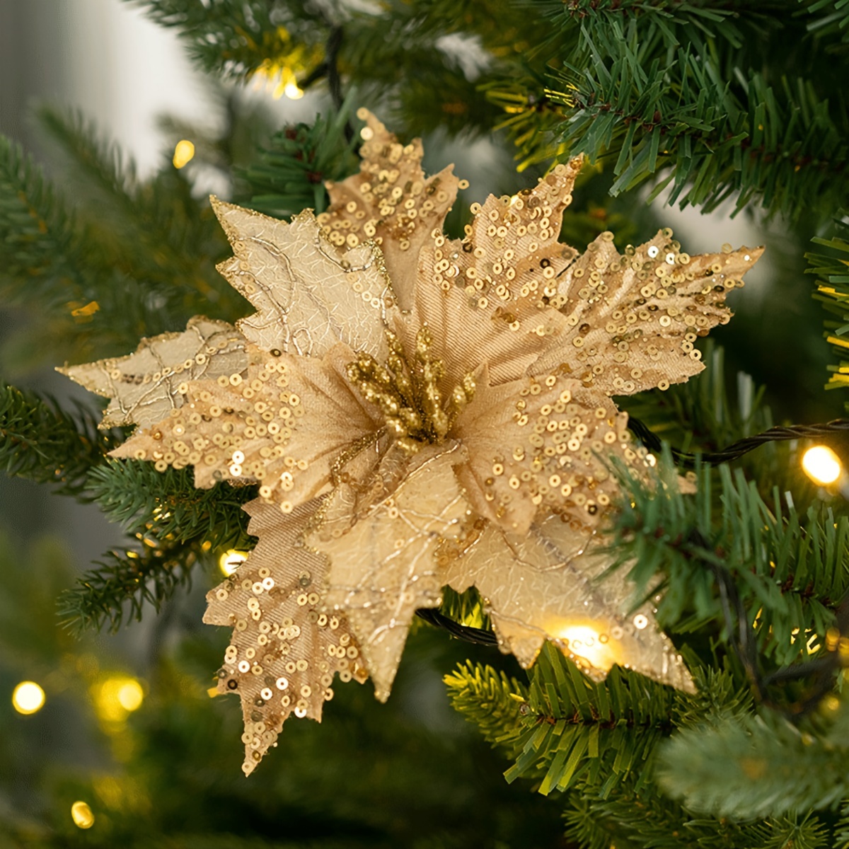 

1pc Sparkling Golden Sequin Christmas Flower With Stem - 8" Velvet Poinsettia For Tree Decoration, Home & Holiday Decor