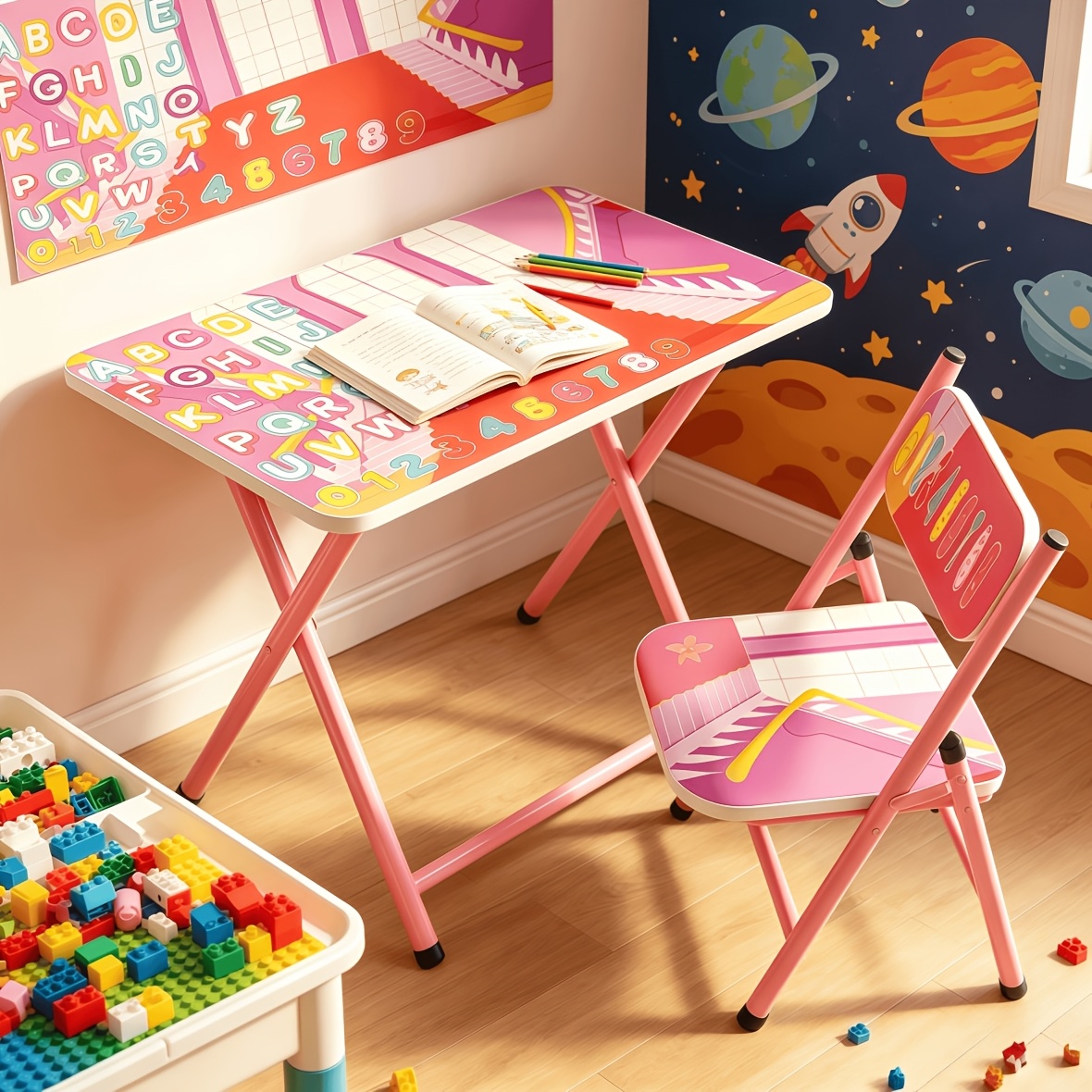 TEMU Foldable Kids Table & Chair Set With Cute Pattern, Sturdy Metal Frame Children's Desk For Writing, Drawing & Playtime