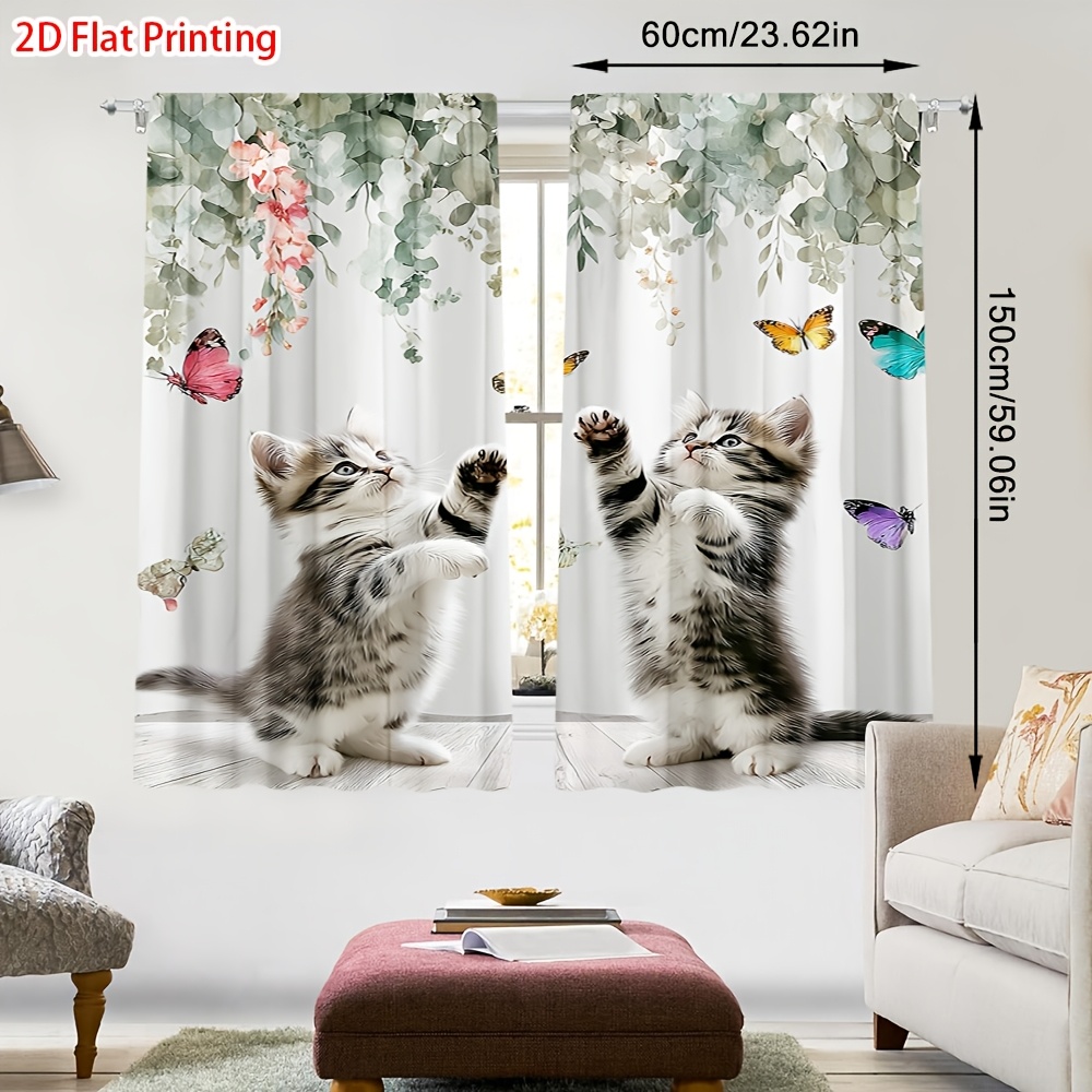 TEMU 2D Plat - Ensemble de 2 rideaux plats imprimés avec des chats et des papillons de dessin , conçus pour une semi-occultation. Idéal pour décorer