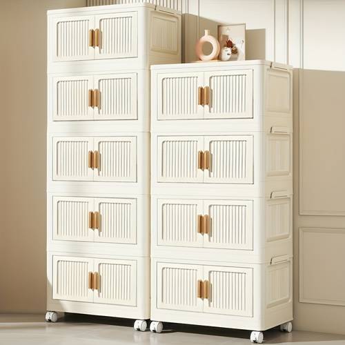 item picture 1 set of multi functional foldable storage cabinet magnetic closure double door with 4 wheels and cover durable dust proof plastic storage box suitable for living room kitchen study bedroom